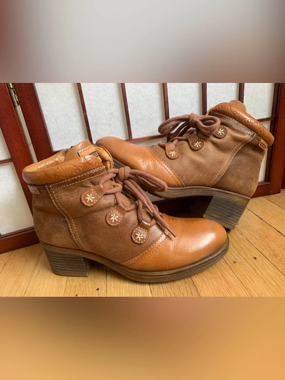 EUC PIKOLINO LYON Carmel/Brown Leather Lace-Up Side-Zip Ankle Boots Size 38/7.5